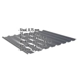 Damwandplaat 20/1100 antracietgrijs, 0,75 mm, met ingebedde specificaties over materiaal, coating en garantie