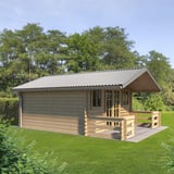 Damwandplaat 20/1100 dak in Zilver-Metallic op een houten tuinhuis met veranda, toepassingsvoorbeeld