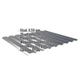 Damwandplaat 20/1100 wand in Antracietgrijs, infografiek met materiaal, dikte en coating