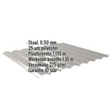 Damwandplaat 20/1100, grijs aluminiumkleurig, met ingebouwde specificaties over materiaal, dikte en garantie