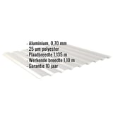 Damwandplaat aluminium 0,70 mm Zilver-Metallic met ingebedde technische gegevens en garantie-informatie
