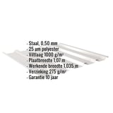 Damwandplaat 35/207 lichtgrijs RAL 7035 met ingebedde productgegevens over materiaal, dikte en coating