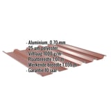 Damwandplaat 35/207 aluminium Roodbruin met ingebedde productgegevens over materiaal, coating en afmetingen