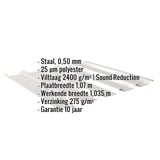 Damwandplaat 35/207 lichtgrijs met weergegeven productinformatie over materiaal, dikte en coating