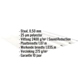 Infografiek: Damwandplaat 35/207, staal 0,50 mm, 25 µm polyester, viltlaag 2400 g/m², geluidsreductie, 10 jaar garantie