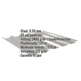 Damwandplaat 35/207 met ingebedde lijst van specificaties: materiaal, dikte, coating, breedte, garantie