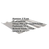 Damwandplaat 35/207 aluminium 0,70 mm RAL9007 met ingebouwde specificaties en garantie-informatie