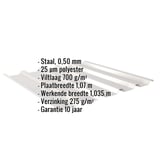 Damwandplaat 35/207 Lichtgrijs (RAL 7035) met ingebedde specificaties voor materiaal, dikte en coating