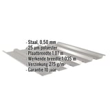 Damwandplaat 35/207, grijs aluminiumkleurig, met ingebedde productgegevens over materiaal, dikte en garantie