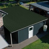 Dak van damwandplaat 35/207 Mosgroen op een aanbouw, bovenaanzicht