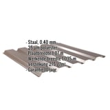 Damwandplaat 35/207 Sepiabruin, 0,40 mm staal, met ingebedde specificaties over materiaal en garantie