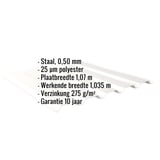 Infografiek: Damwandplaat 35/207 wand, materiaal staal 0,50 mm, 25 µm polyester, plaatbreedte 1,07 m, garantie 10 jaar