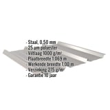 Damwandplaat 45/333 in grijs aluminiumkleurig met ingebedde productgegevens zoals materiaal, dikte en coating