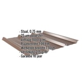 Damwandplaat 45/333 Notenbruin (RAL 8011) met ingebedde gegevens over materiaal, dikte en coating