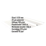 Damwandplaat 45/333, zuiverwit RAL 9010, met ingebedde specificaties voor materiaal, dikte en coating