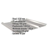 Damwandplaat 45/333, grijs aluminiumkleurig, met ingebedde productgegevens zoals materiaal, dikte en coating