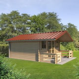 Damwandplaat 45/333 Koperbruin (RAL 8004) op het dak van een tuinhuis