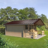 Damwandplaat 45/333 Chocoladebruin als dak op tuinhuis, toepassingsvoorbeeld