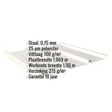 Damwandplaat 45/333 Grijswit met ingebedde technische gegevens zoals materiaal, dikte en coating