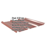 Damwandplaat 45/333 dak, Roodbruin RAL 8012, met ingebedde specificaties voor materiaal, dikte en garantie