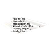 Damwandplaat 45/333 dakplaat, zuiverwit, met ingebedde technische gegevens zoals materiaal, dikte en coating