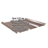 Damwandplaat 45/333 Notenbruin (RAL 8011) met 25 µm polyestercoating, specificaties als infografiek getoond