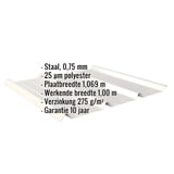 Damwandplaat 45/333 Grijswit met ingebedde technische gegevens zoals materiaal, dikte en coating
