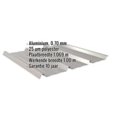 Damwandplaat 45/333 aluminium 0,70 mm, grijs, met ingebedde gegevens over materiaal, coating en afmetingen