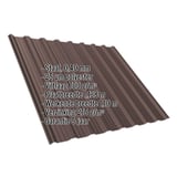 Damwandplaat T18DR dak in Chocoladebruin RAL 8017 met ingebedde gegevens over materiaal, dikte en coating