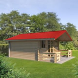 Damwandplaat T18DR Koraalrood (RAL 3016) als dak op een houten tuinhuis met veranda