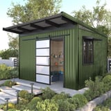 Tuinhuis met dak- en wandbekleding van damwandplaat T18DR Resedagroen, toepassingsvoorbeeld