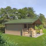 Houten huis met dak van damwandplaat T18DR Resedagroen, toepassingsvoorbeeld in de tuin