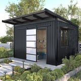 Damwandplaat T18DR grafietgrijs op het dak van een zwart tuinhuis