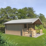 Damwandplaat T18DR dak lichtgrijs RAL 7035 op een tuinhuis met overdekte veranda