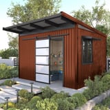 Tuinhuis met koperbruine damwandplaat T18DR als wandbekleding en donker dak