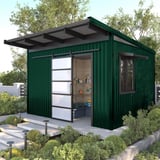 Tuinhuis met dak- en wandbekleding van damwandplaat T18DR mosgroen (RAL 6005)