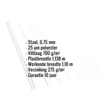 Damwandplaat T18DR, 0,75 mm staal, 25 µm polyester, 700 g/m² vlies, belangrijke gegevens getoond