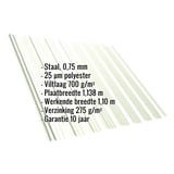 Damwandplaat T18DR Grijswit, 0,75 mm staal, polyestercoating, met ingebedde technische gegevens