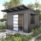 Tuinhuis met dak van damwandplaat T18DR in RAL9007, zijwand ook van profielplaat