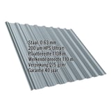 Damwandplaat T18DR dak, Venstergrijs RAL 7040, met ingebedde specificaties voor materiaal, dikte en garantie