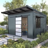 Damwandplaat T18DR dak, Venstergrijs RAL 7040, als dakbedekking op een tuinhuis