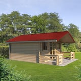 Tuinhuis met dak van damwandplaat T18DR kersrood, aanzicht vanaf de dakrand