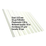 Damwandplaat T18DR, Grijswit RAL 9002, met ingebedde specificaties van materiaal, dikte en coating