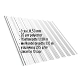Damwandplaat T18DR, lichtgrijs, met ingebedde specificaties voor materiaal, dikte en coating