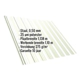 Damwandplaat T18DR Grijswit, 0,50 mm staal, met ingebedde specificaties