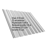 Damwandplaat T18DR Zilver-Metallic met productgegevens zoals materiaal, dikte en coating weergegeven