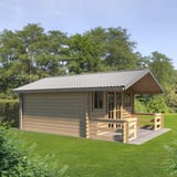 Houten huis met dak van damwandplaat T18DR Zilver-Metallic, 0,50 mm staal, 25 µm polyester coating