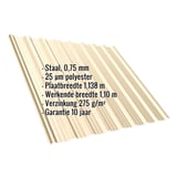 Damwandplaat T18DR licht ivoorkleurig, 0,75 mm staal met 25 µm polyestercoating, infografiek met specificaties