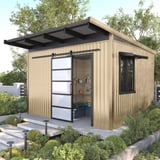 Tuinhuis met licht ivoorkleurige damwandplaat T18DR als wandbekleding en zwart dak