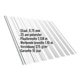 Damwandplaat T18DR Lichtgrijs (RAL 7035) met ingebedde gegevens over materiaal, dikte en coating